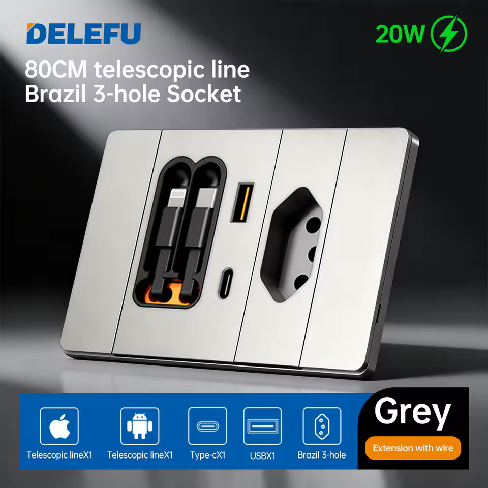 Tomada Extensora com Cabos Retráteis Tipo C e Lightning